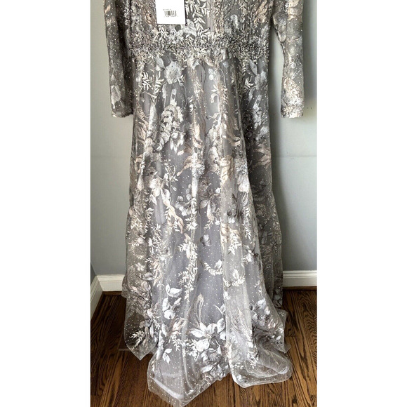 Mac Duggal 20214 Long Sleeve Bead Applique Gown Size 16 Grey Multi Floral NWT - Picture 4 of 16
